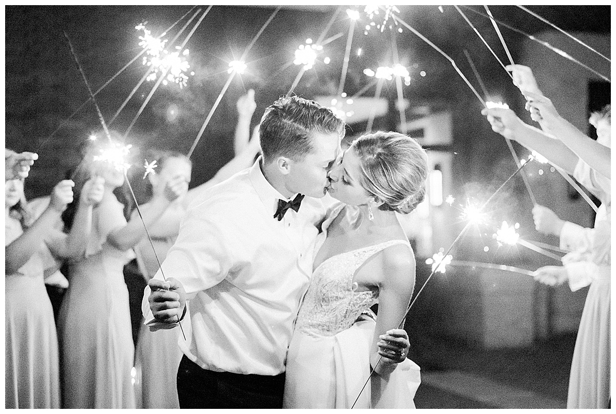 Bride and groom kissing under sparklers