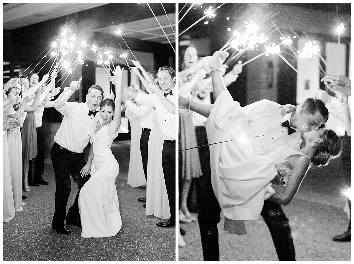 Bride and groom dancing under sparklers