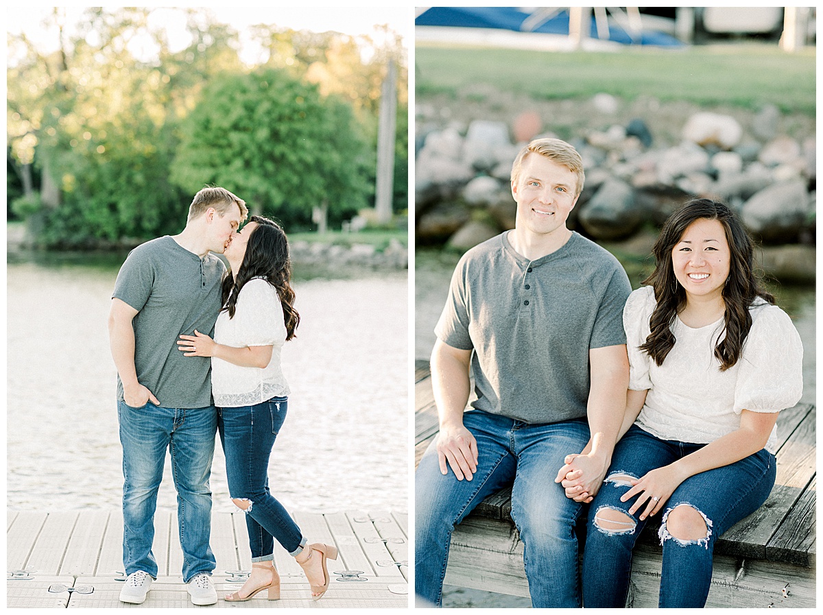 couple sitting on dock for engagements session