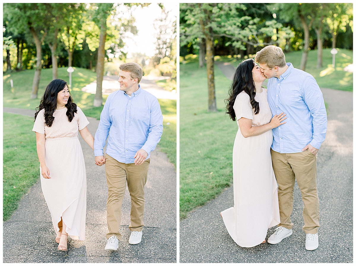 couple walking together for engagement session