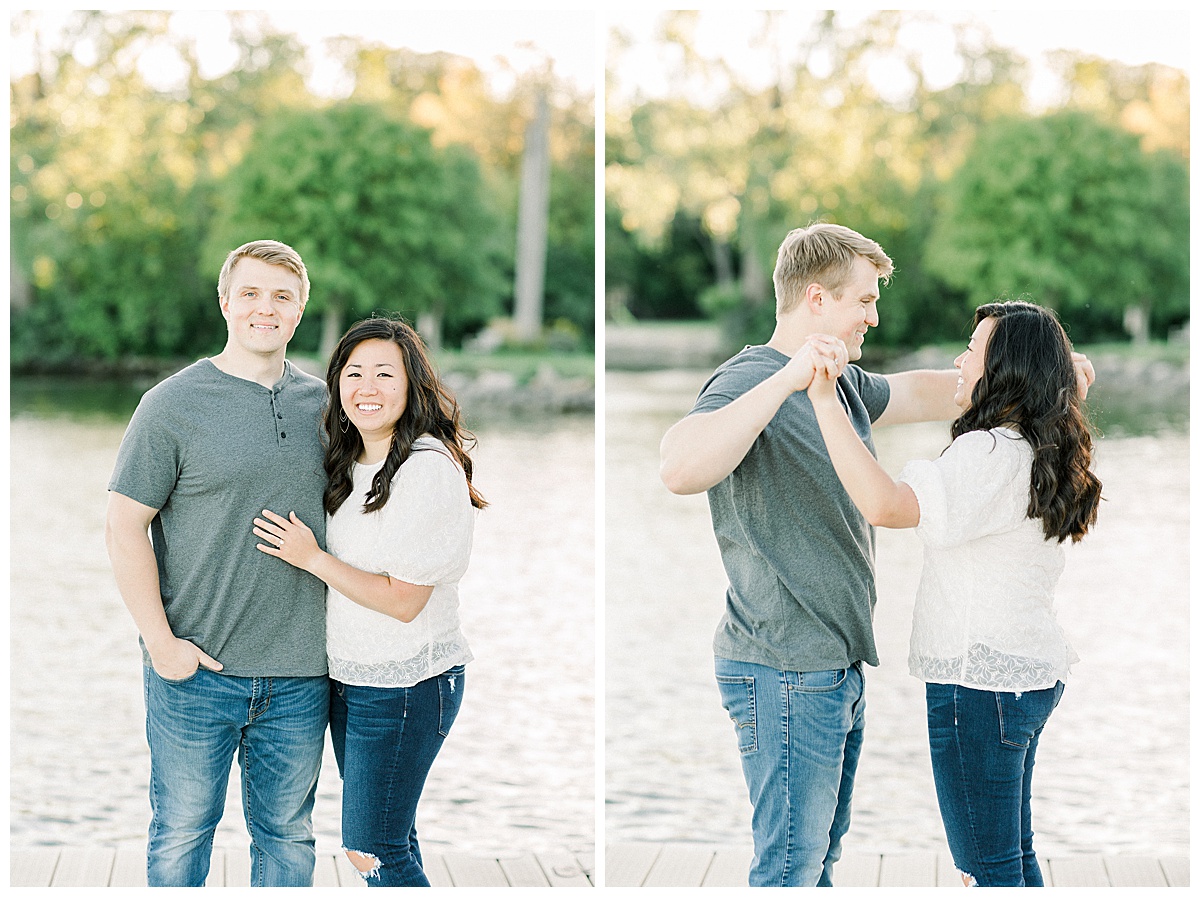 couple dancing on dock for engagement session