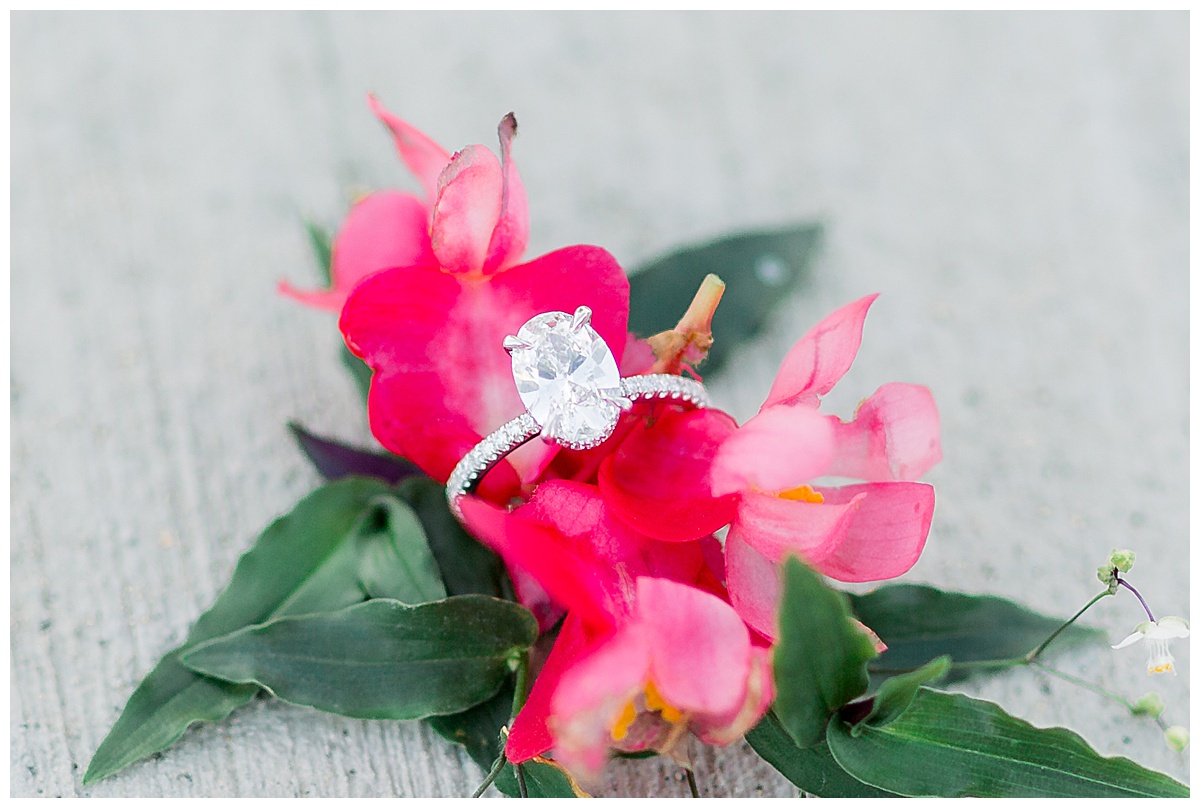 engagement ring on flower for engagement session