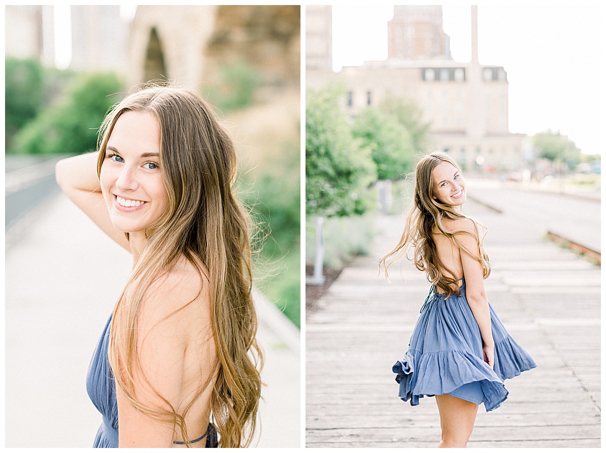 girl twirling down path for senior session