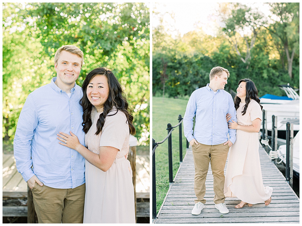 couple walking on dock for engagement session