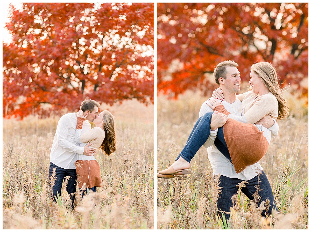 engaged couple kissing for fall photos