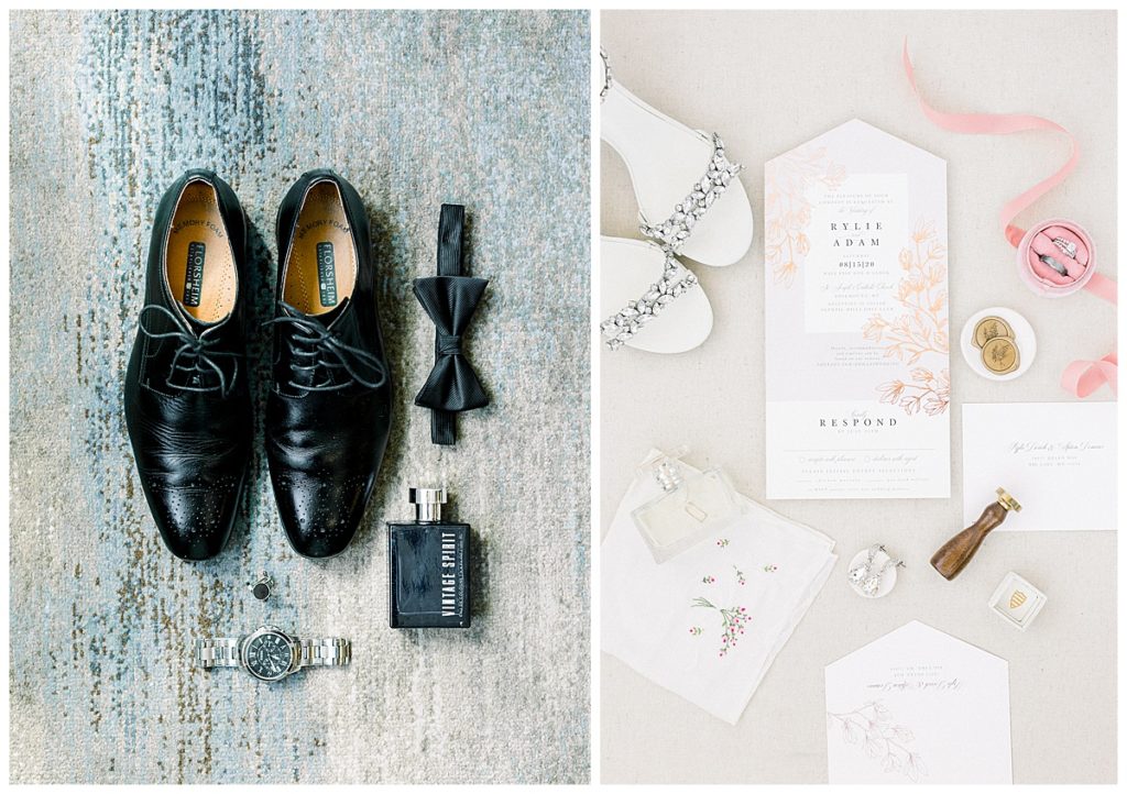 Bride and groom shoes and invitations