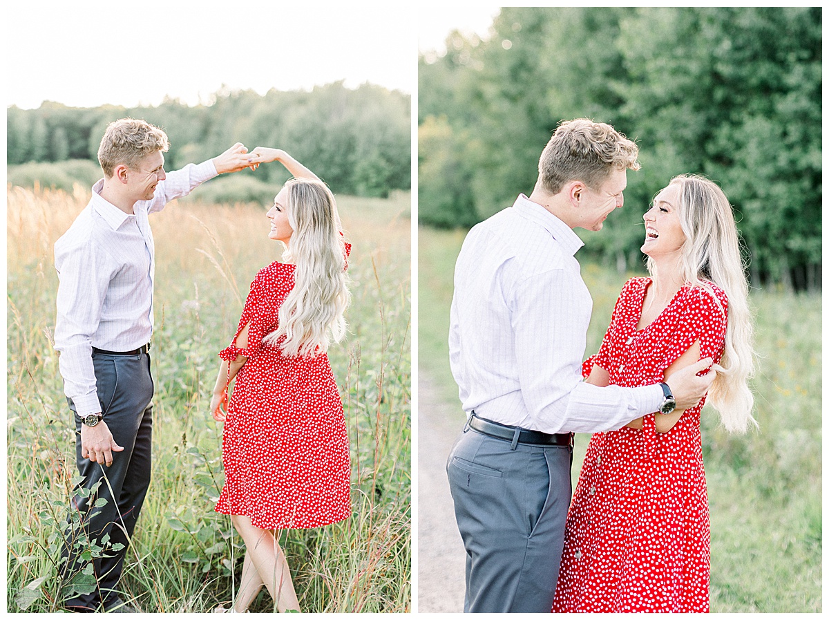 couple dancing and laughing for engagement photos