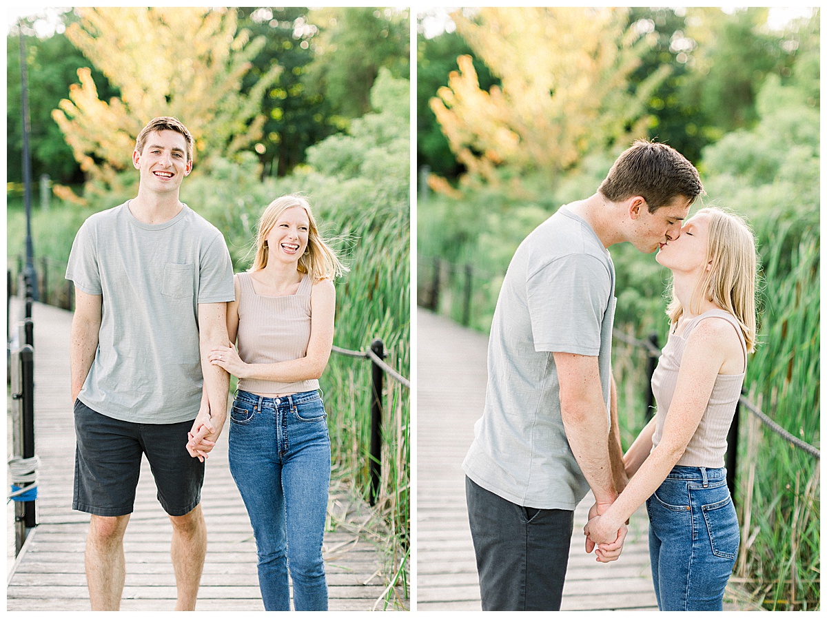 Couple kissing for beachside engagement photos