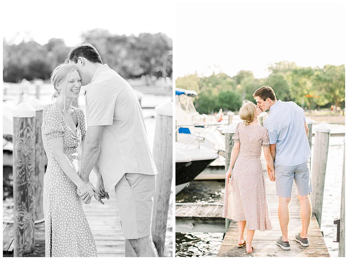 Couple walking near boats for engagement photos