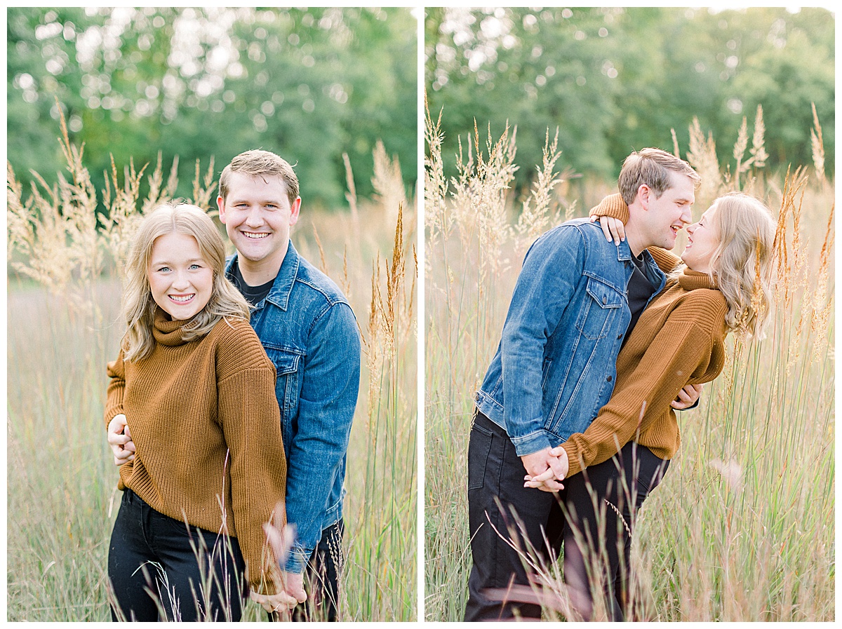 couple laughing in a field 