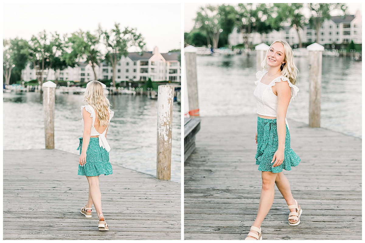 girl walking on dock for senior photos