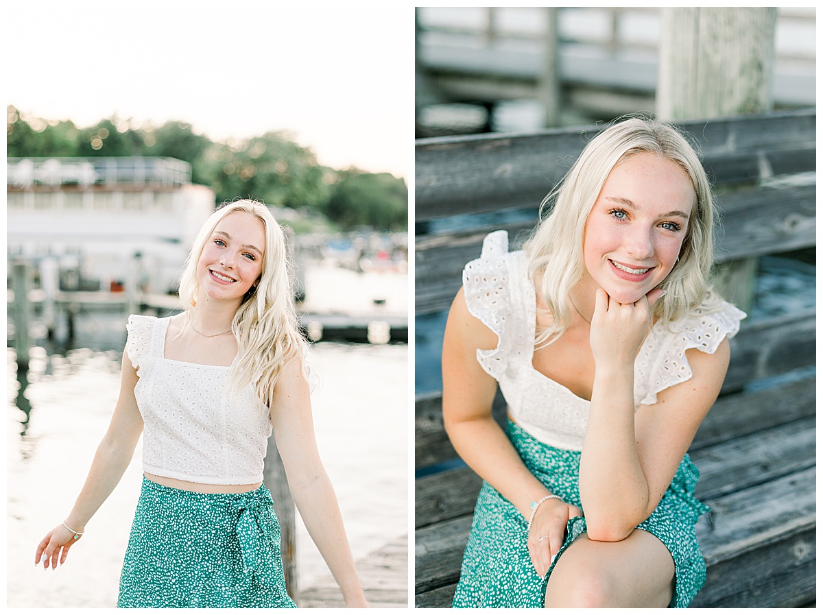 girl twirling on dock for senior photos