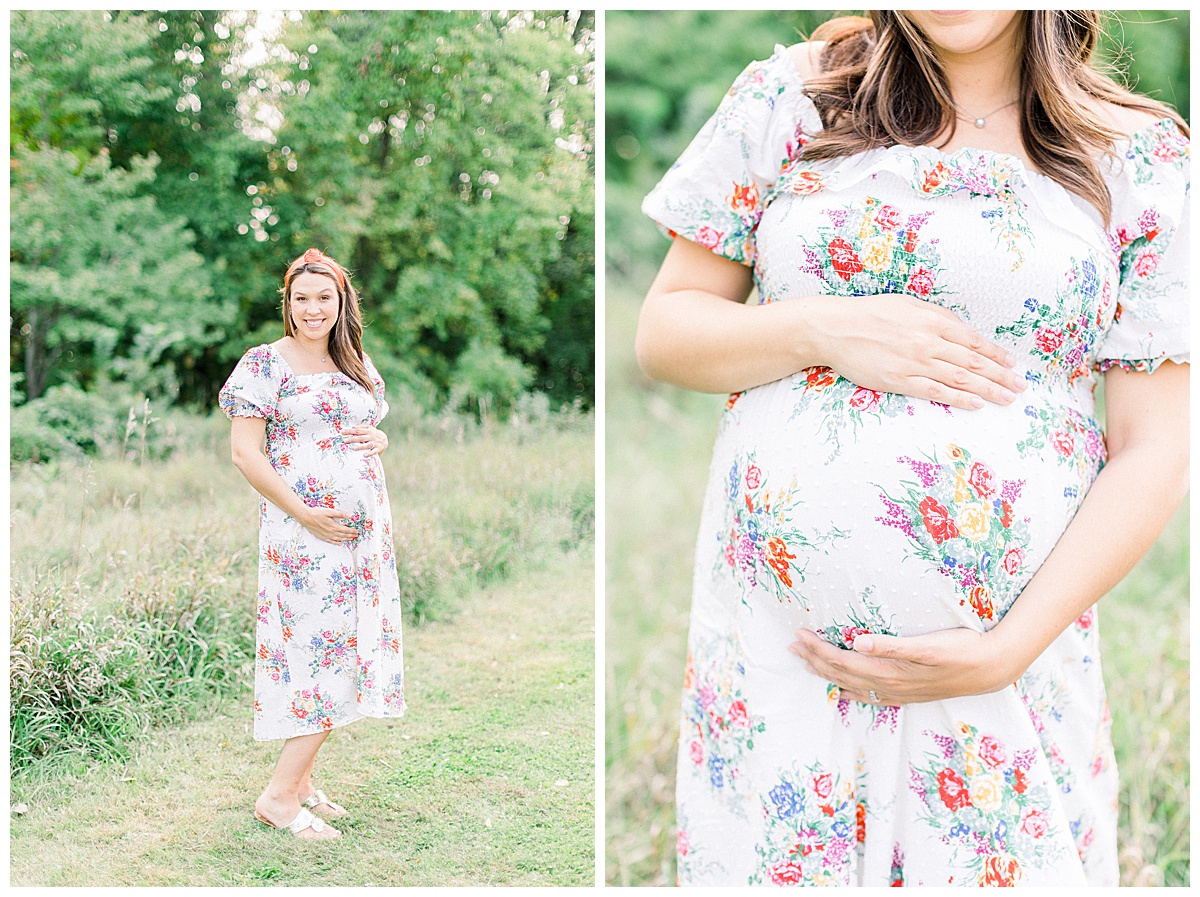woman standing in field for maternity session