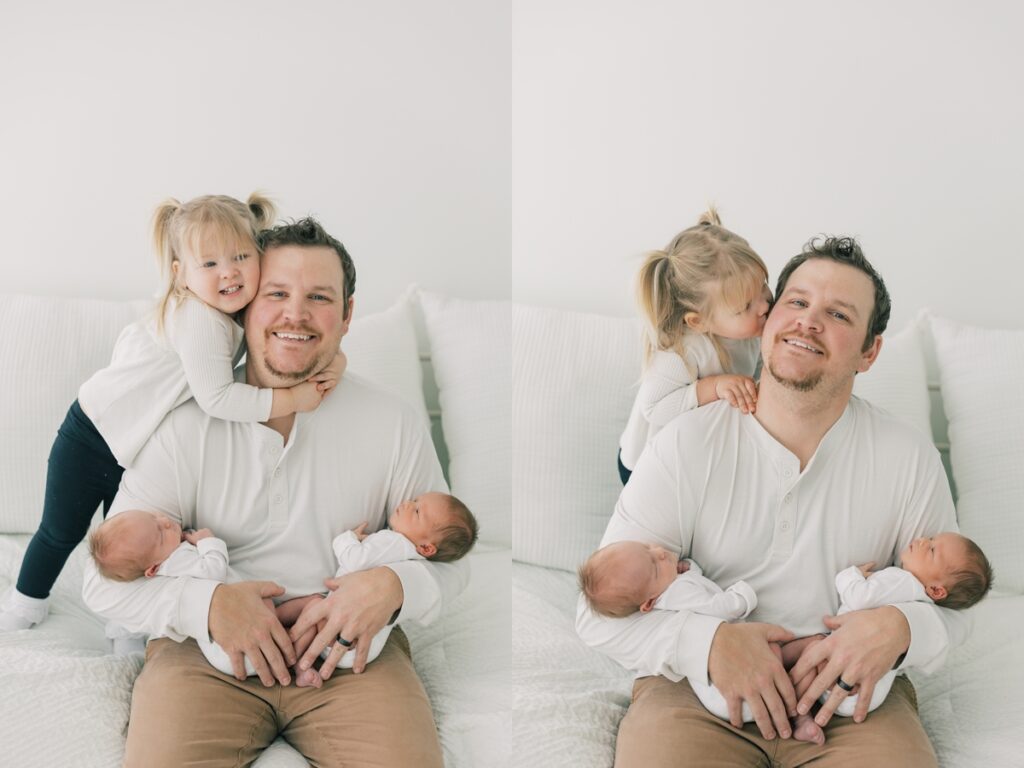 Twin newborn photos with toddler and dad