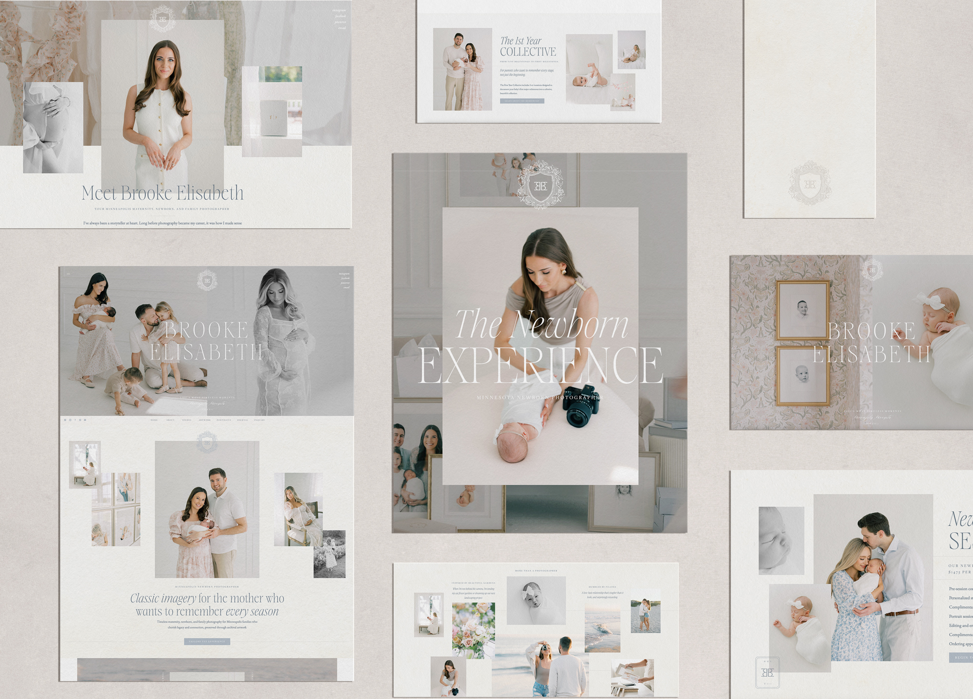 A collage of Brooke Elisabeth Photography website pages on a cream canvas background